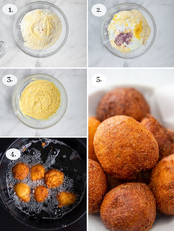 A bowl of golden crisp and soft not dense hush puppies. A recipe for amazing hush puppies