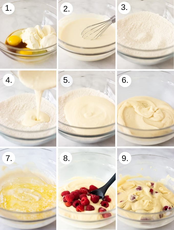 Step by step photos to make Raspberry Ricotta Cake with Lemon Curd Glaze
