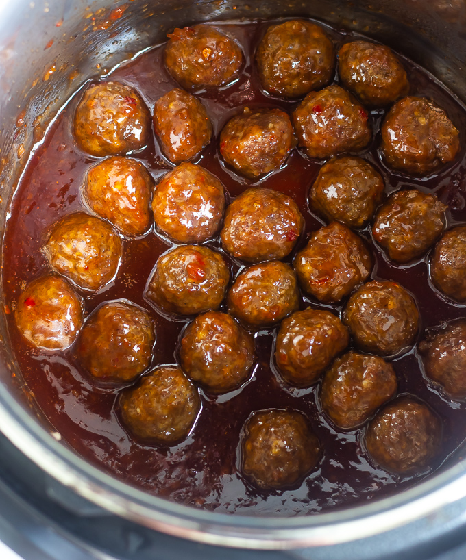 Homemade meatballs with jelly and chili sauce in an instant pot