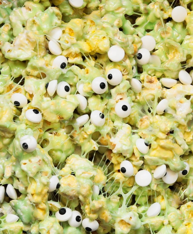 a closeup pic of slime popcorn with candy eyes