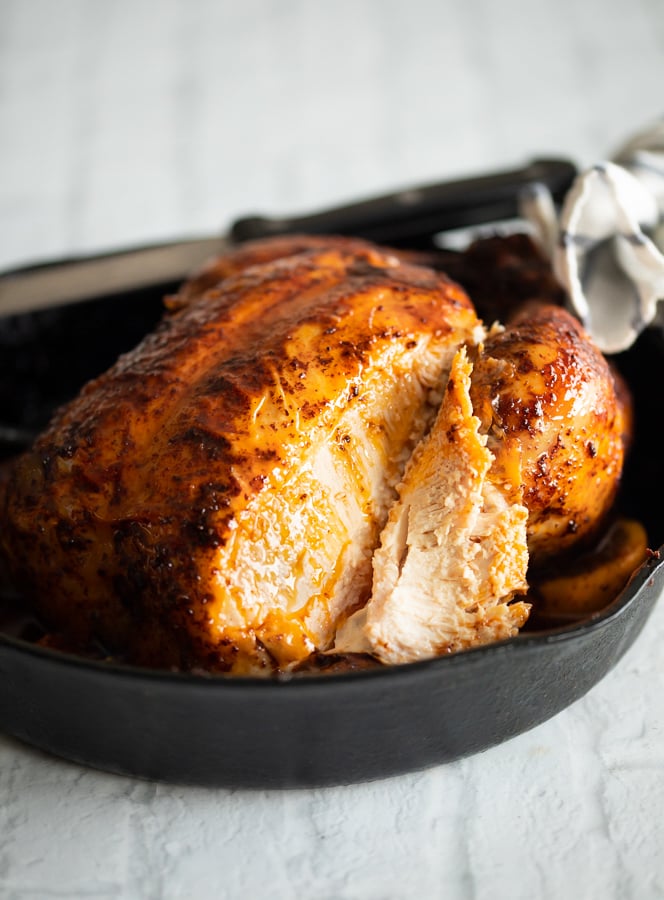 Roast chicken rubbed chicken in a skillet