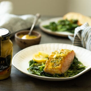 a plate of honey mustard salmon with Maille Honey Dijon