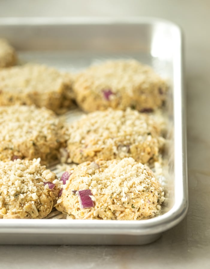 tuna fishcakes on a baking sheet 
