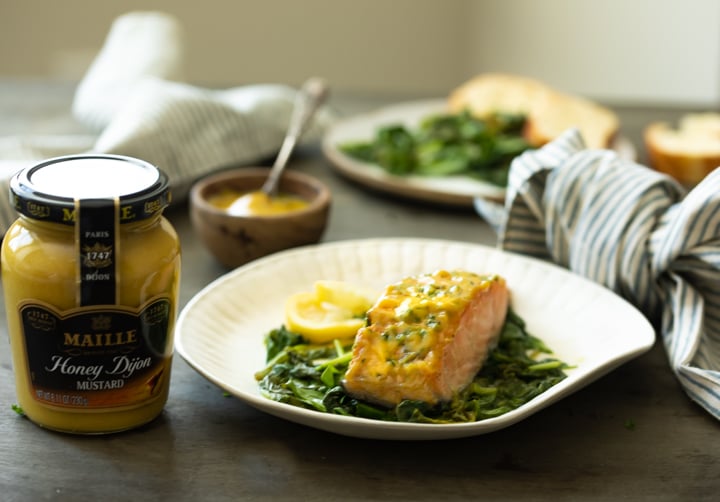 a photo of oven baked salmon with honey mustard