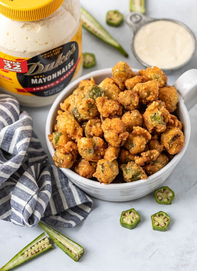 A bowl of crispy seasoned fried okra