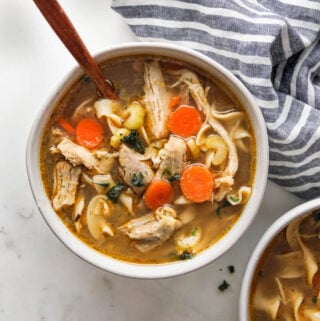 A picture of a bowl of homestyle chicken noodle soup