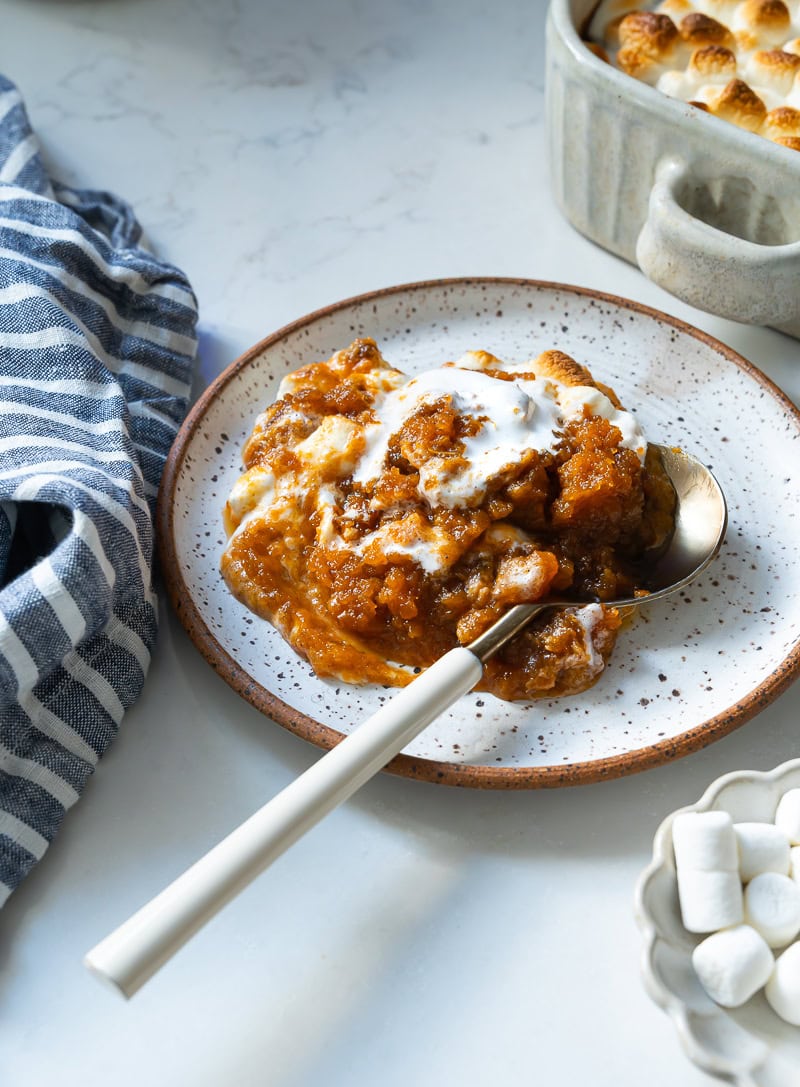sweet potato bake with marshmallows on a plate 