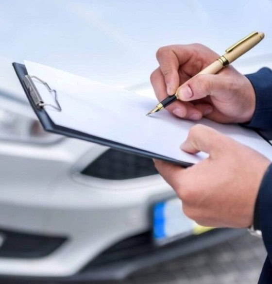 Technician inspecting a car with a clipboard at Winston Wheels & Tires.