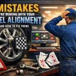 Technician inspecting wheel alignment with tools and computer system at Winston Wheels & Tires.