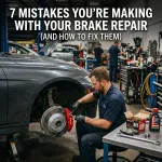 Auto mechanic inspecting brake system on a car at Winston Wheels & Tires.