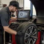 Technician inspecting a car tire at Winston Wheels & Tires shop.