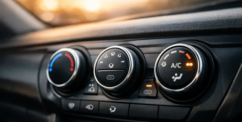 Car climate control dashboard with temperature and air conditioning settings.