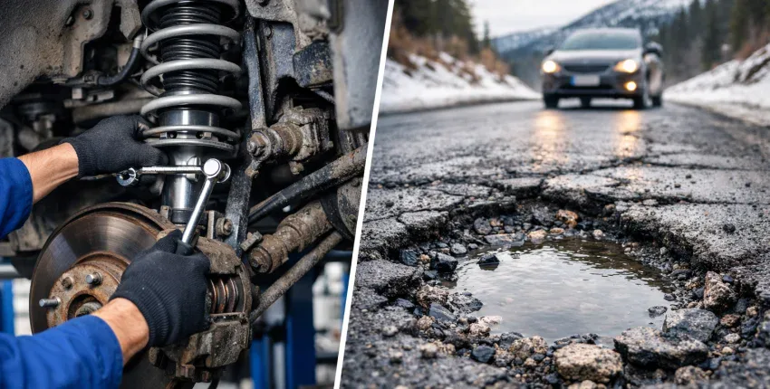 Auto repair and road damage repair with tools and potholes.