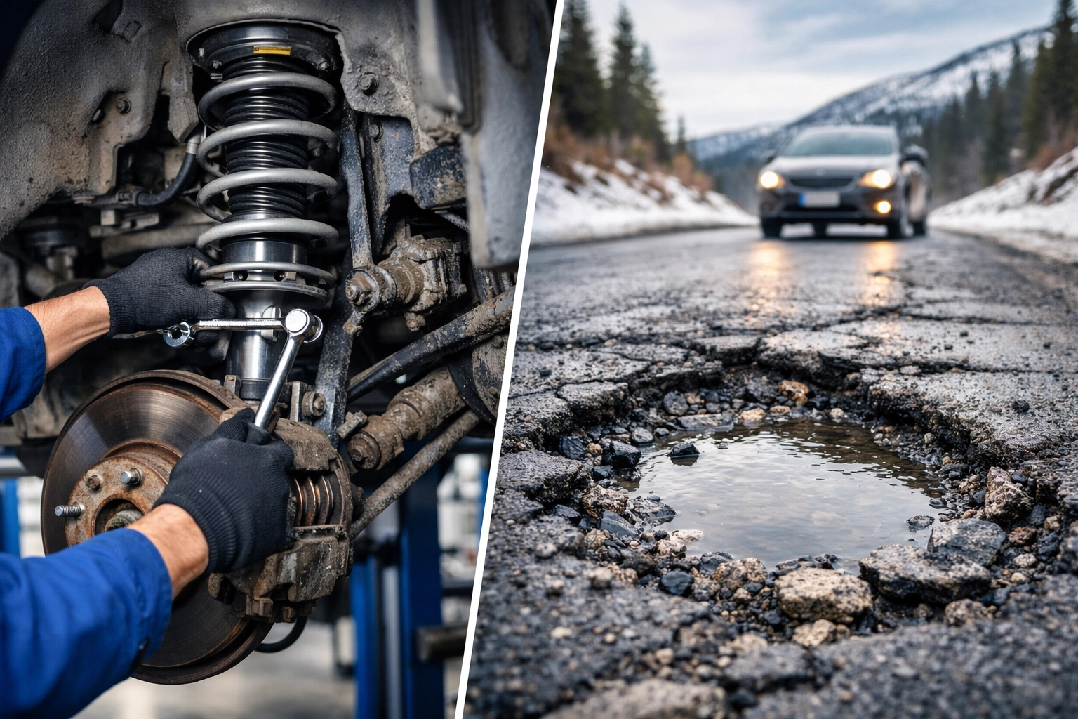 Auto repair and road damage repair with tools and potholes.