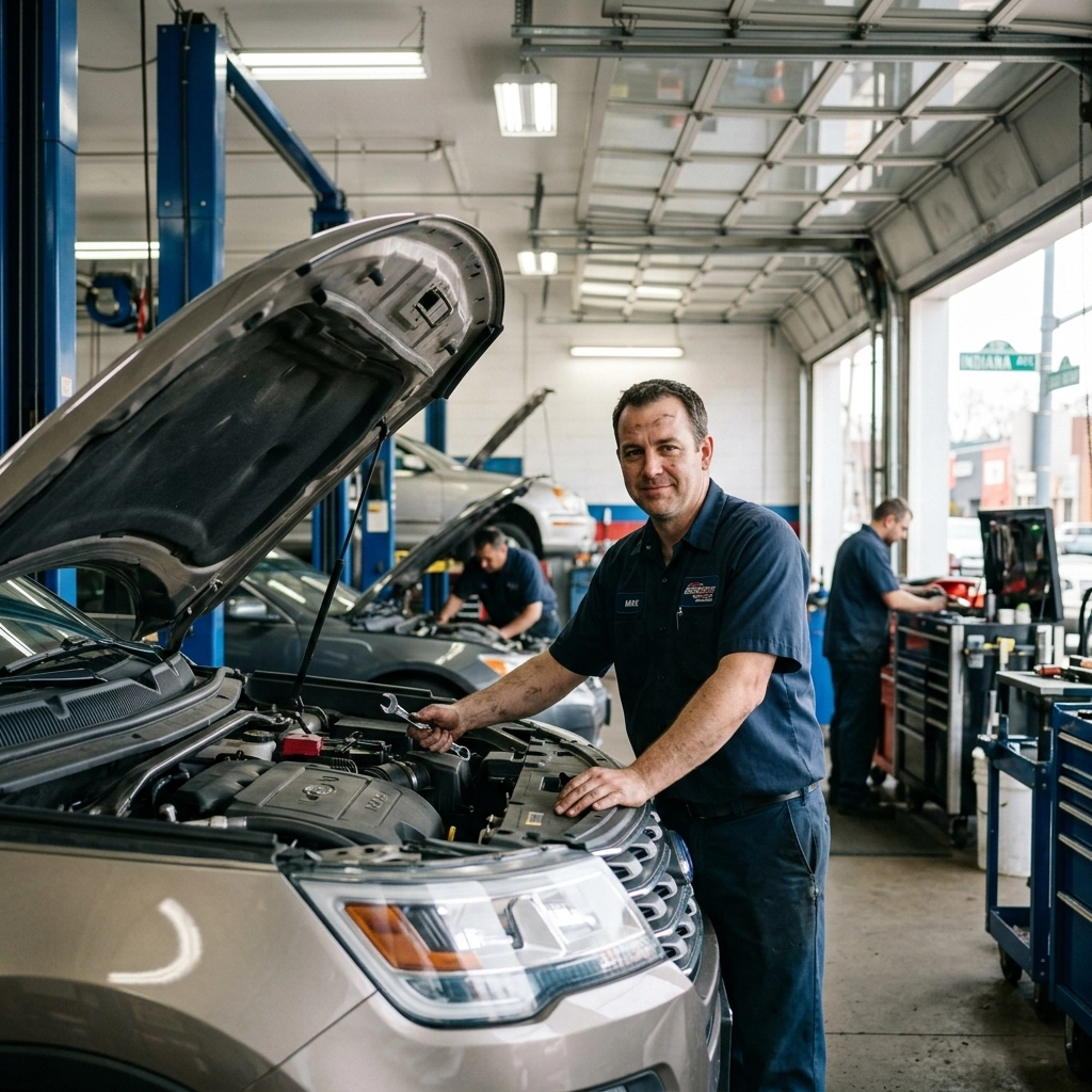 Auto mechanic inspecting car engine at Wrench & Ratchet.