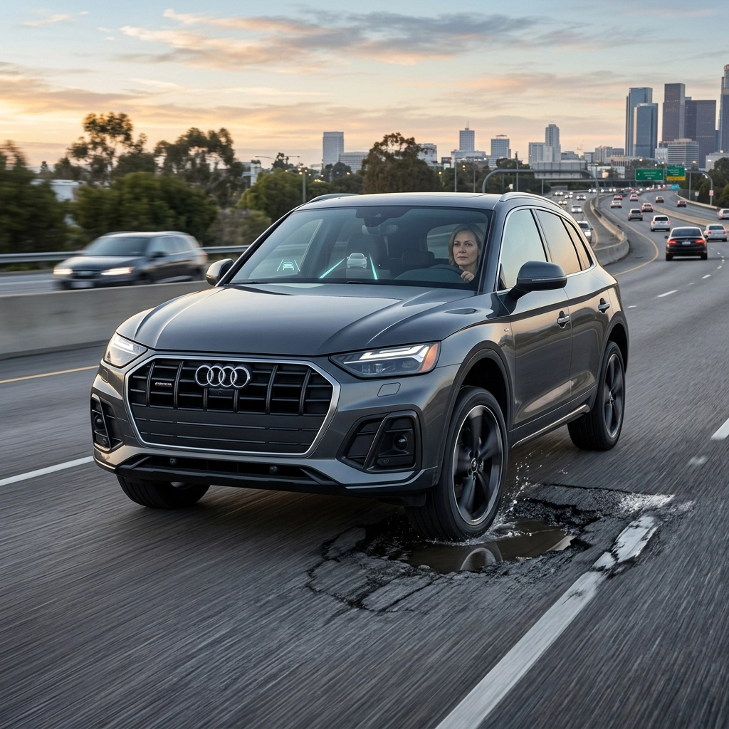 Audi SUV driving on highway with city skyline at sunset, automotive repair, road trip.