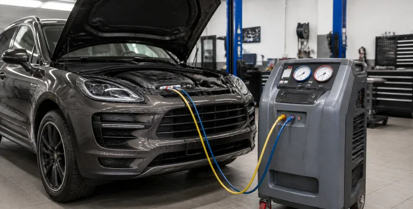 Modern car diagnostic testing with equipment at Wrench & Ratchet auto repair shop.