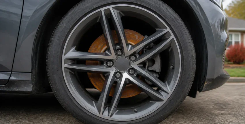 Wheel and brake disc close-up at Wrench & Ratchet.