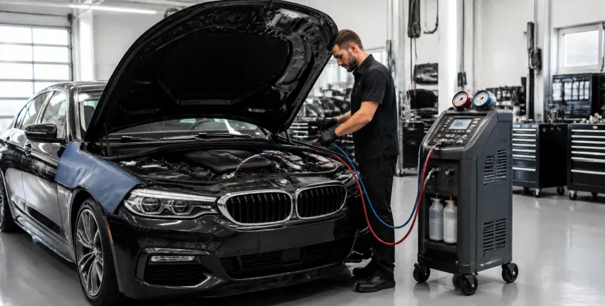 Technician testing BMW car battery with diagnostic equipment in auto repair shop.