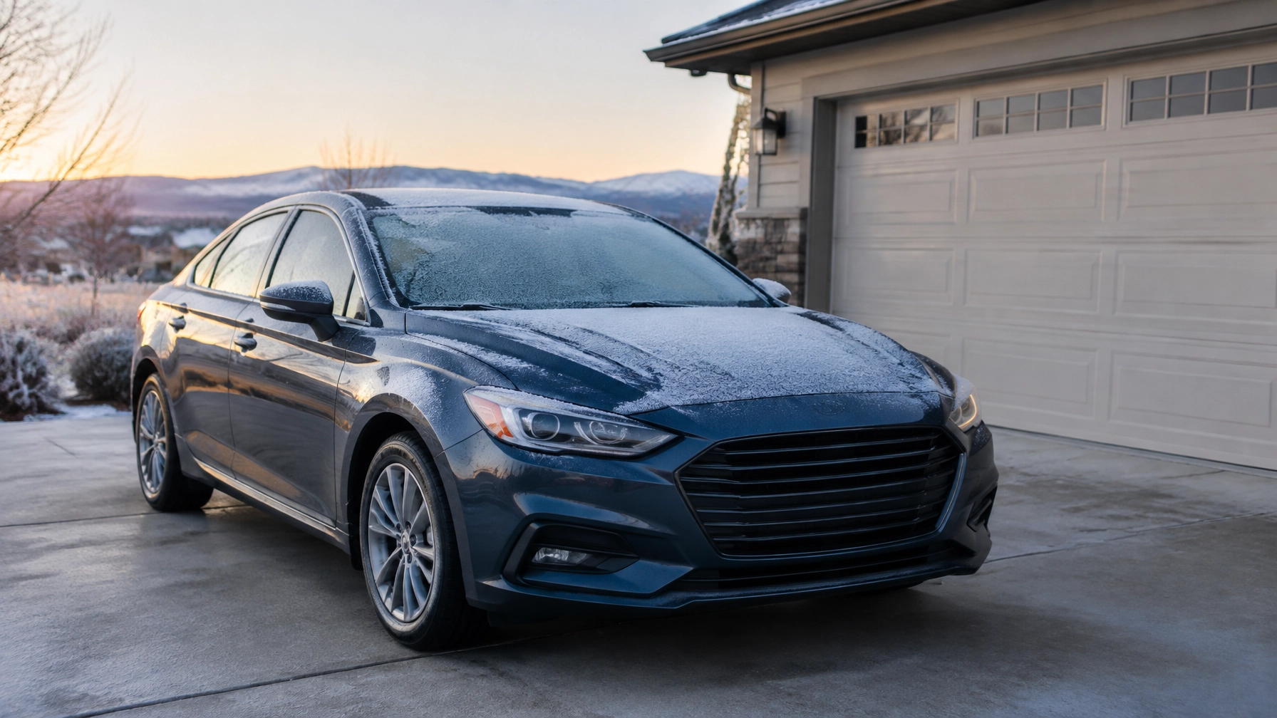 Blue sedan parked in driveway with snow and sunset background.