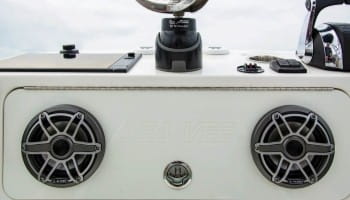 Custom boat audio system with dual speakers by Wright ReStyling.