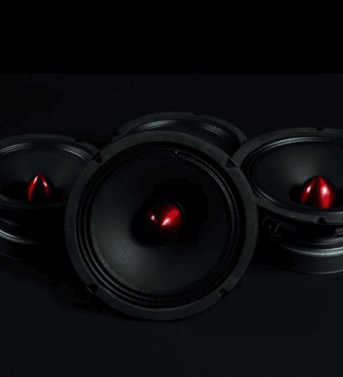 High-quality black audio speakers with red accents for premium sound.