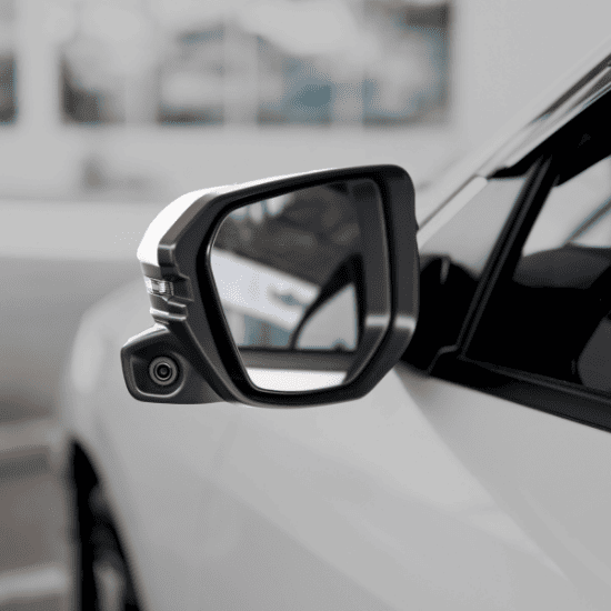 Close-up of a car's side mirror with blind spot monitoring sensor.