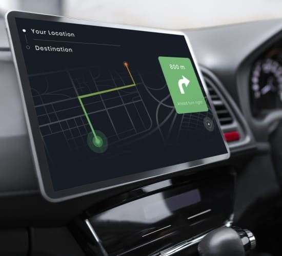Car GPS screen showing route and directions for navigation.