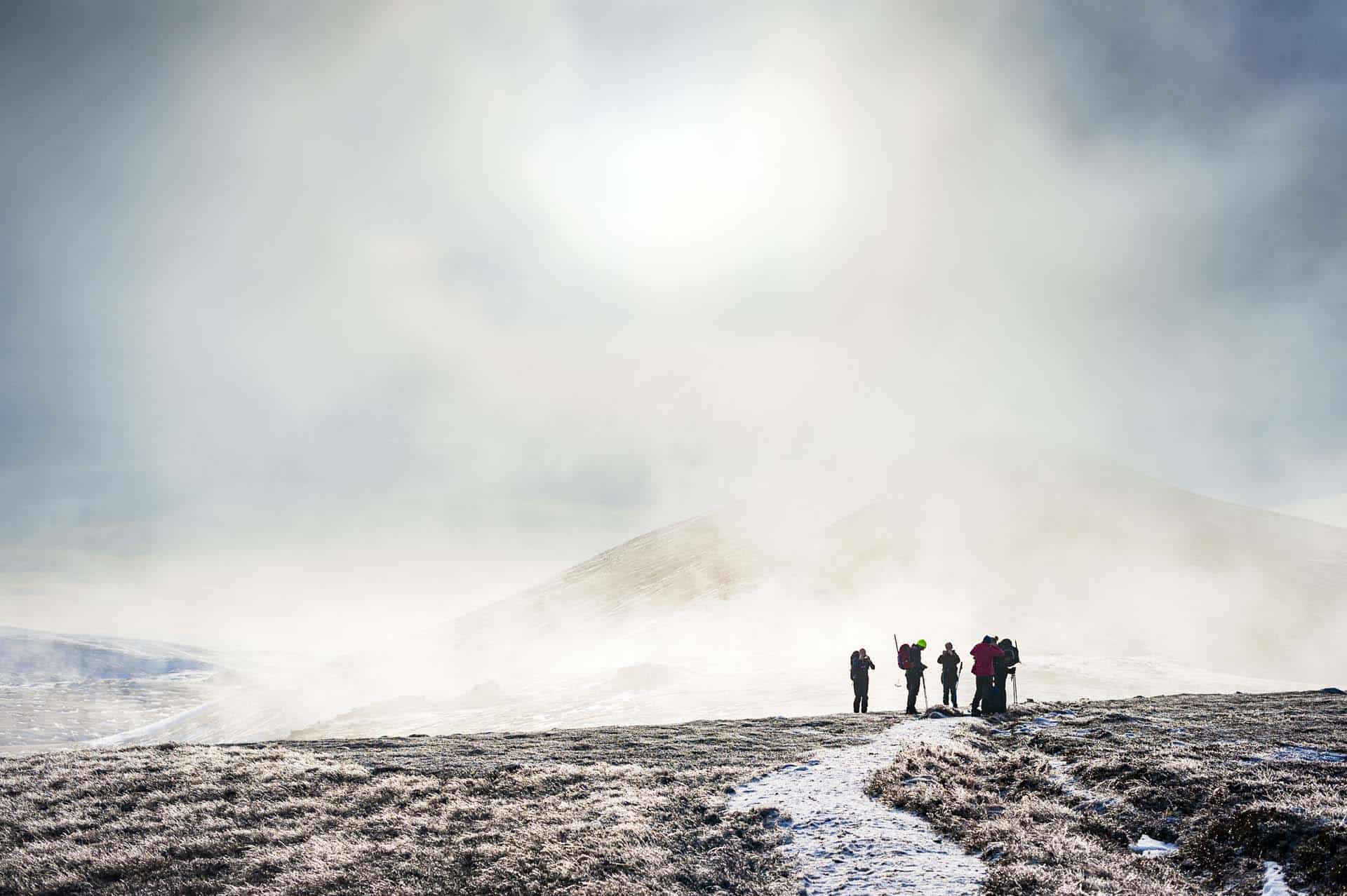 Bynack More from the North. The group meets up before heading up the broad summit ridge.
