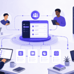 AI technology network connecting diverse professionals with data analytics and digital tools.