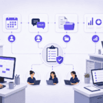AI-powered healthcare team collaborating with digital tools and data analytics.