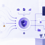 AI cybersecurity and data protection illustration with professionals managing digital security syste.