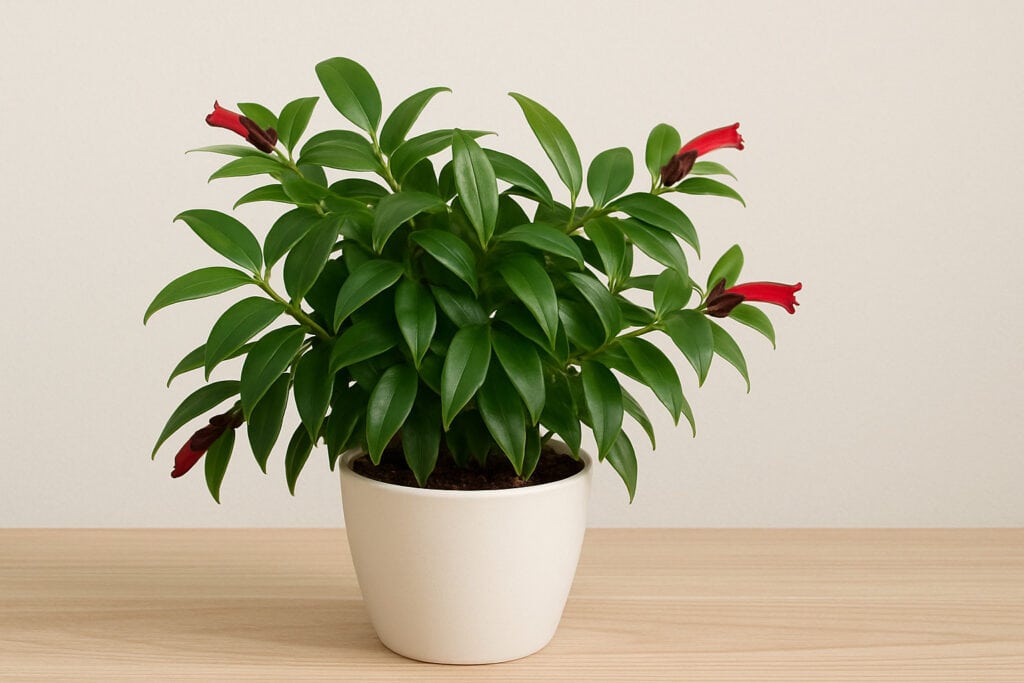 A green leaved plant with red flowers in a white pot on the article When Do Lipstick Plants Bloom? Flowering Season & Care Tips