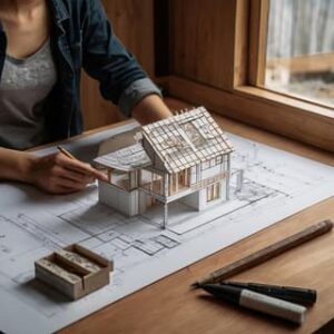 Maqueta de casa en mesa de diseño arquitectónico.