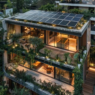 Moderna casa sostenible con paneles solares y plantas.