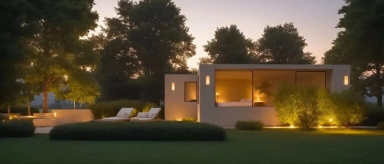 Casa moderna iluminada al atardecer en jardín verde.