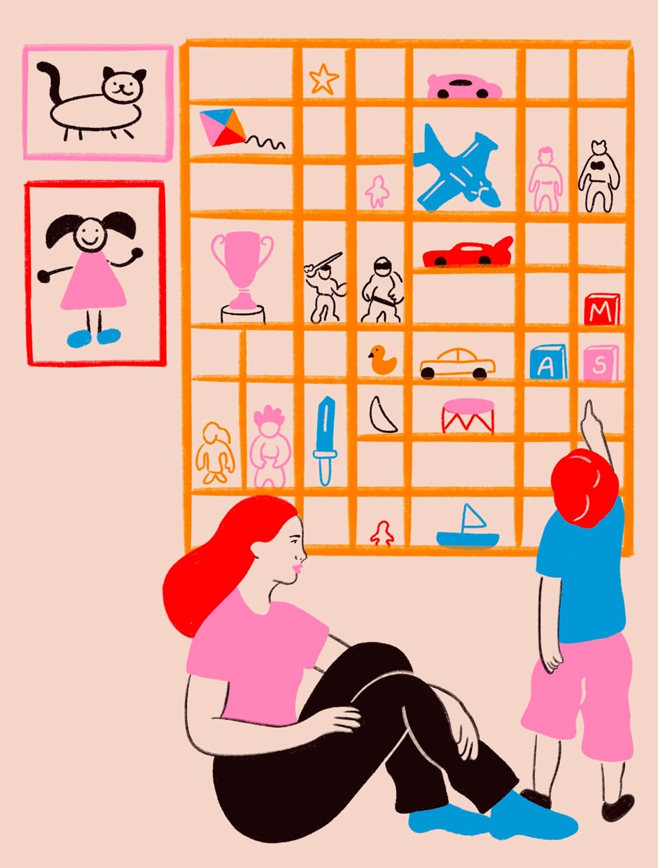 mother and child standing at collection wall illustration