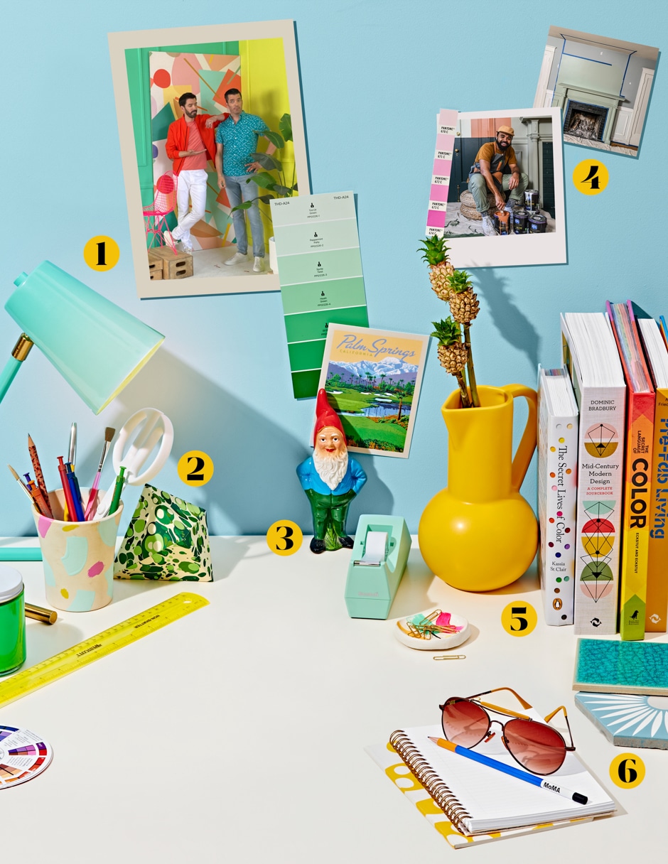 colorful items on desk with number labels