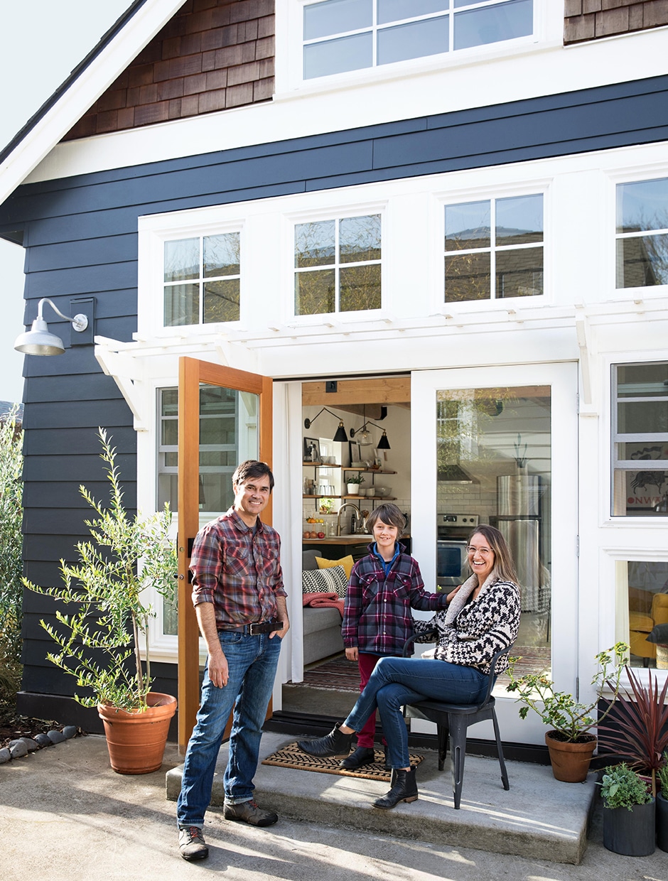 family portrait in front of remodeled garage