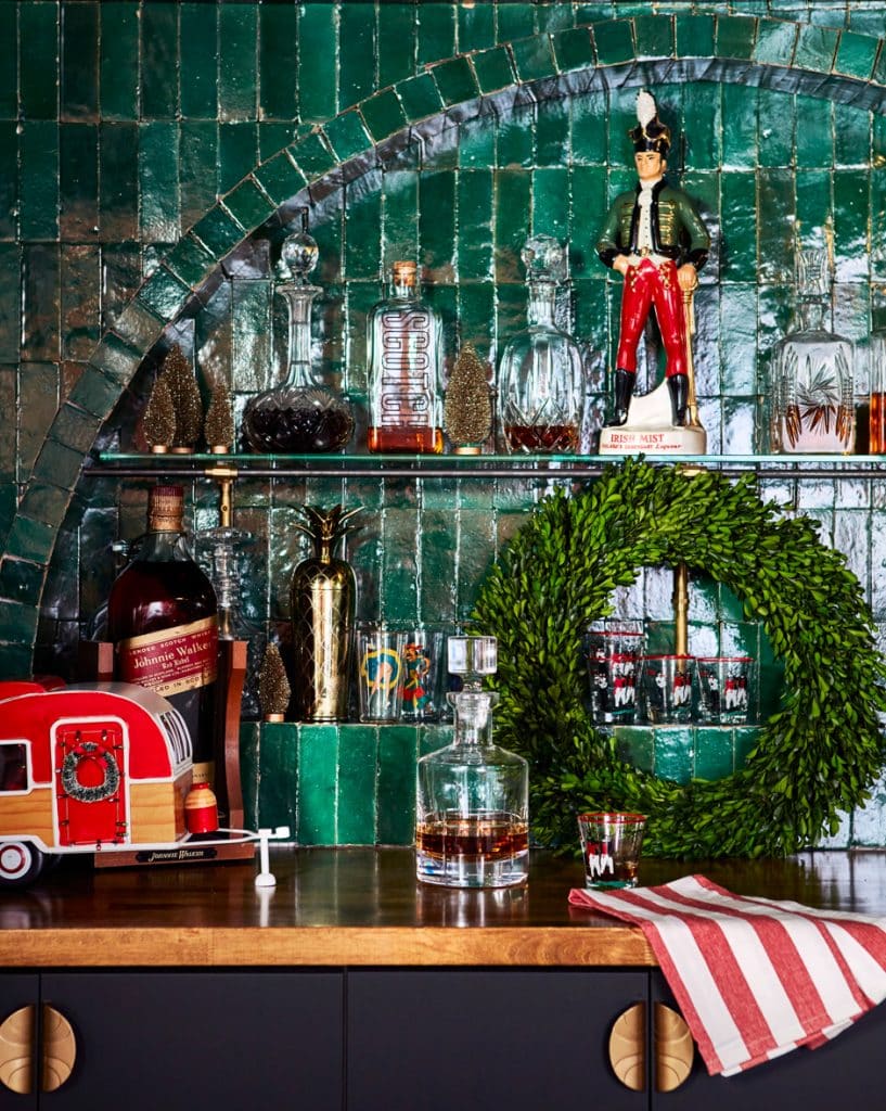 glossy green tile in basement speakeasy