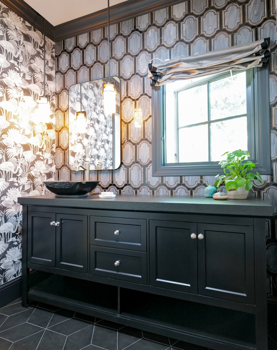 old hollywood glam bathroom with black vanity