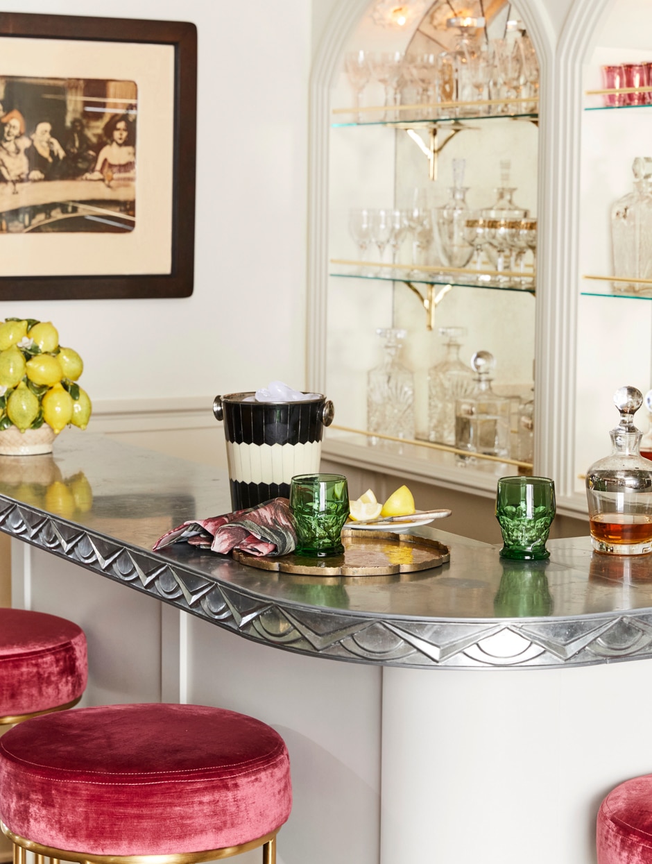 Art deco metallic bar with vintage glasses