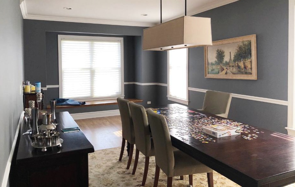 before shot of dark neutral tones dining room