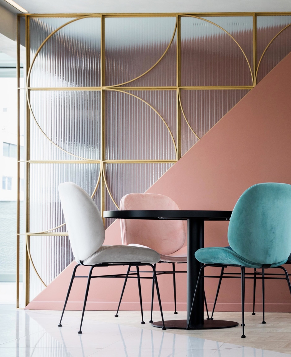 rooftop bar decorated in pastels at the Evripedes Hotel