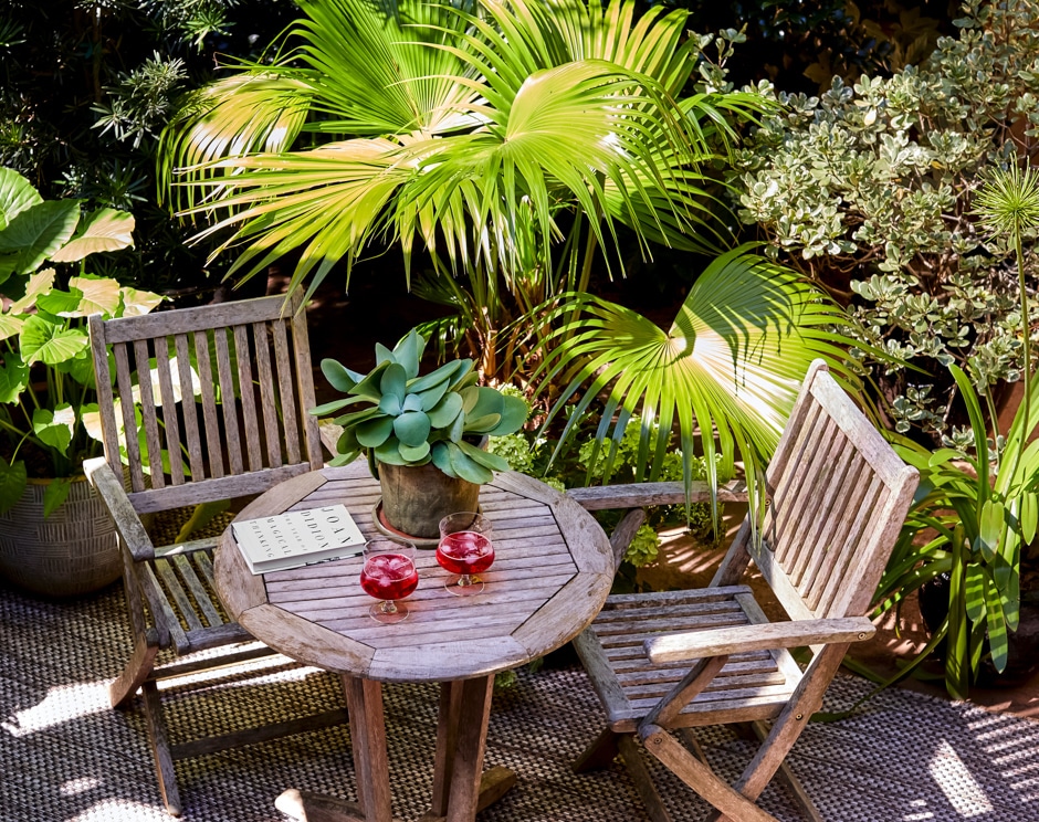 teak table backyard patio with joan didion book