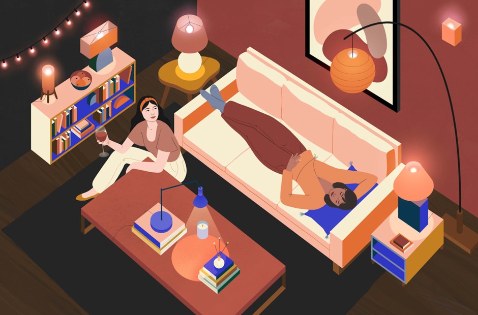two women lounging in living room with hanging lights illustration