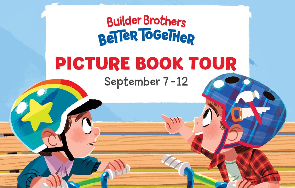 Builder Brothers picture book tour poster with two boys on bikes and dates September 7–12