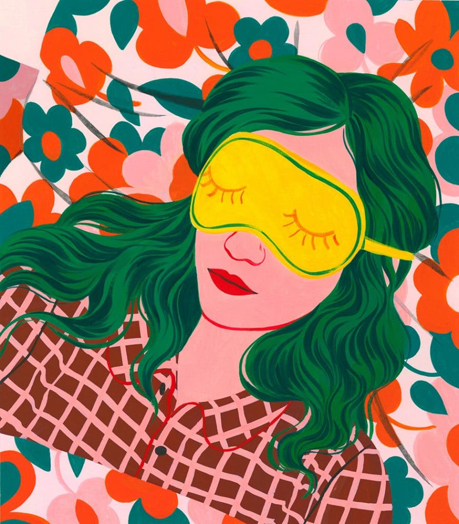 illustration of woman wearing sleeping mask, expert sleep tips to sleep better