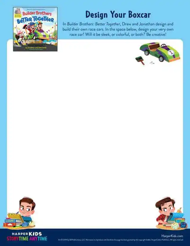 "Design Your Boxcar" activity sheet with a blank space for drawing, illustrations of two boys, a race car, and a book cover
