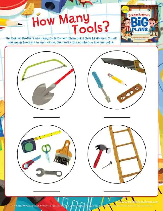 Child's "How Many Tools?" activity sheet with four circles, each containing illustrations of building tools for counting